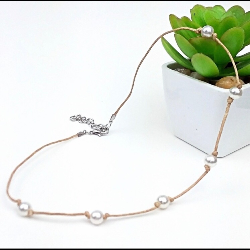 Faux Pearl Beige Cord Choker Necklace
